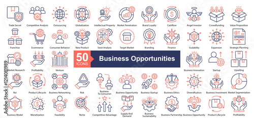 Business Opportunities Icon Collection Set.Containing Trade Secret, Competitive Analysis, Outsourcing, Globalization, Intellectual Property icon. Simple dual tone style Vector Illustration.	
