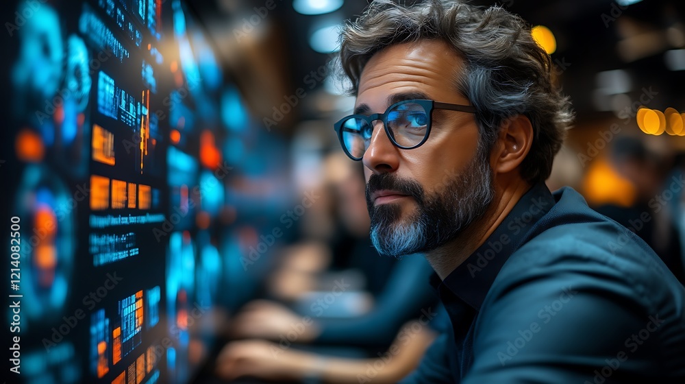 Focused man analyzing data on screen. Focused man analyzing data on screen.
