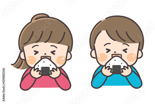 おにぎりを食べる二人のかわいい子ども達