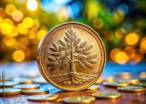 1952 Lebanese 25 piasters, bokeh-blurred olive branches and cedar, a captivating coin art. photo