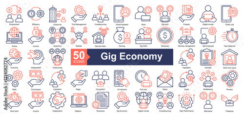 Gig Economy Icon Collection Set.Containing Employment, Efficiency, Outsource, Time management, Crowdsourcing, Virtual Assistant, Work, Gig work icon. Simple dual tone style Vector Illustration.