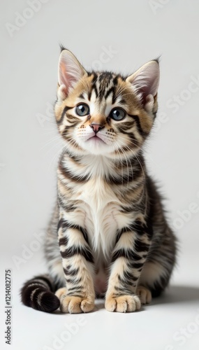Sweet British Shorthair kitten sitting, gazing, white studio background, feline, image