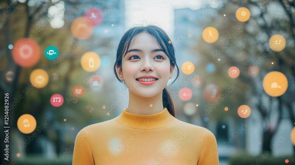 Fototapeta premium A smiling young woman with limited dexterity using voice commands outdoors in a park during the afternoon. Generative AI