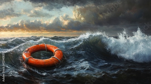Rough seas and a life preserver float.
