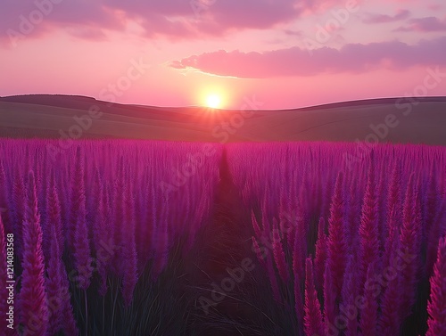 Pink flower field sunset landscape.