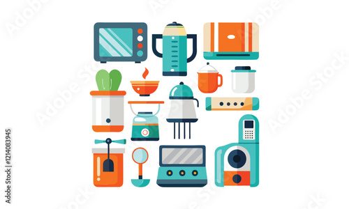 Kitchen Appliances and Cooking Tools Vector Set Flat vector illustrations of kitchen appliances and cooking tools, including microwave, blender, and toaster.