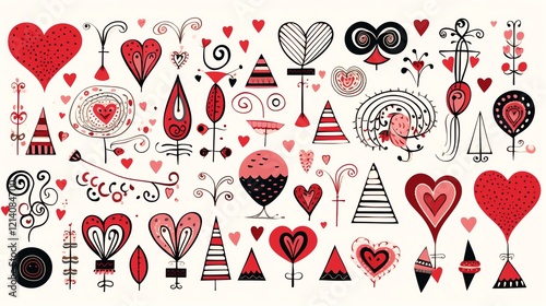 Colorful hearts and trees in playful design.