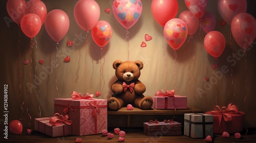 Teddy bear with gifts and heart balloons.