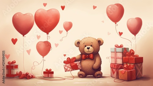 Teddy bear with gifts and balloons for celebration.