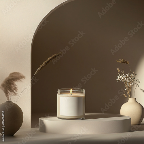 Clear glass jar candle mockup, scented candle jar with blank white label, styled interior candle design template