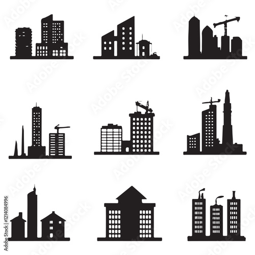 This image presents a diverse collection of city building silhouettes, featuring various architectural styles, sizes, and stages of construction (some under construction, with cranes).