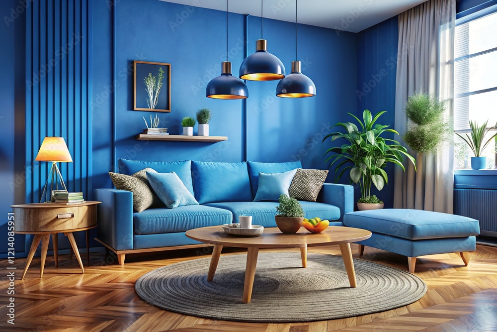 Fototapeta premium Blue Living Room Sofa Round Wood Table 3D Rendering