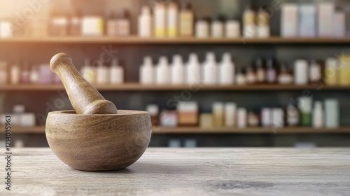 Wooden Mortar and Pestle on Table with Blurred Pharmacy Background.