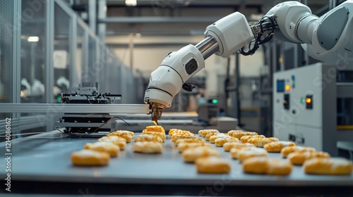 Robotic arm applying topping on pastry in automated food production line industrial setting