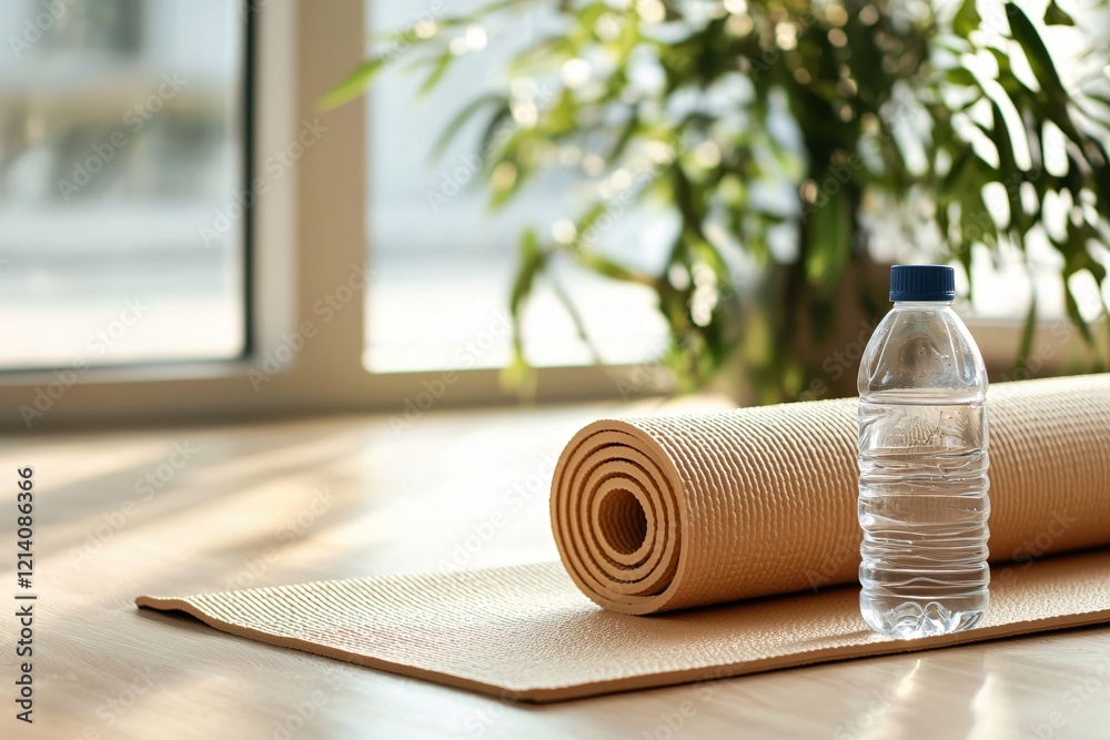Yoga mat and water bottle on wooden floor with plant and window in background bright light Yoga mat and water bottle on wooden floor with plant and window in background bright light