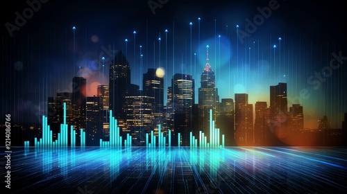 Futuristic city skyline with digital elements.