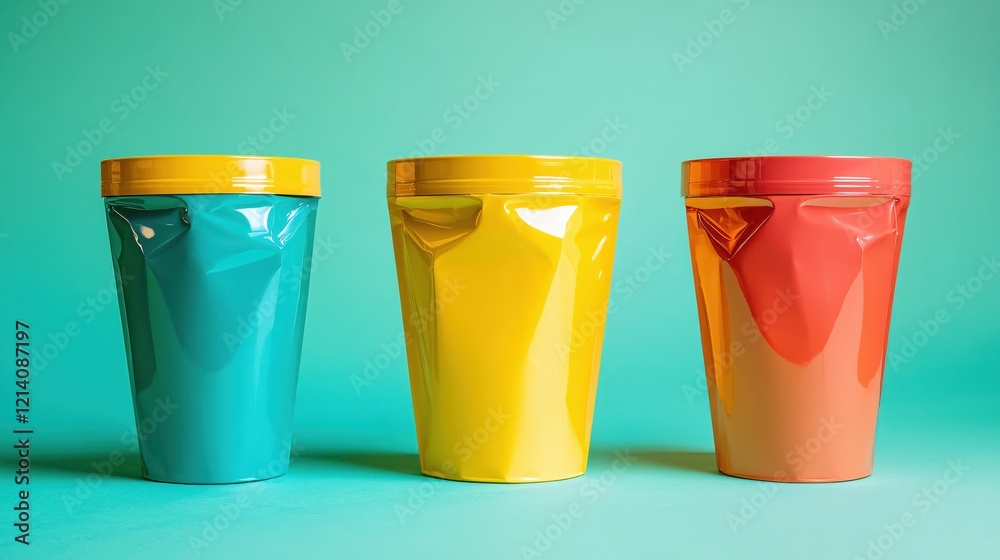 Three colorful containers with yellow lids on a light green background in studio setting
