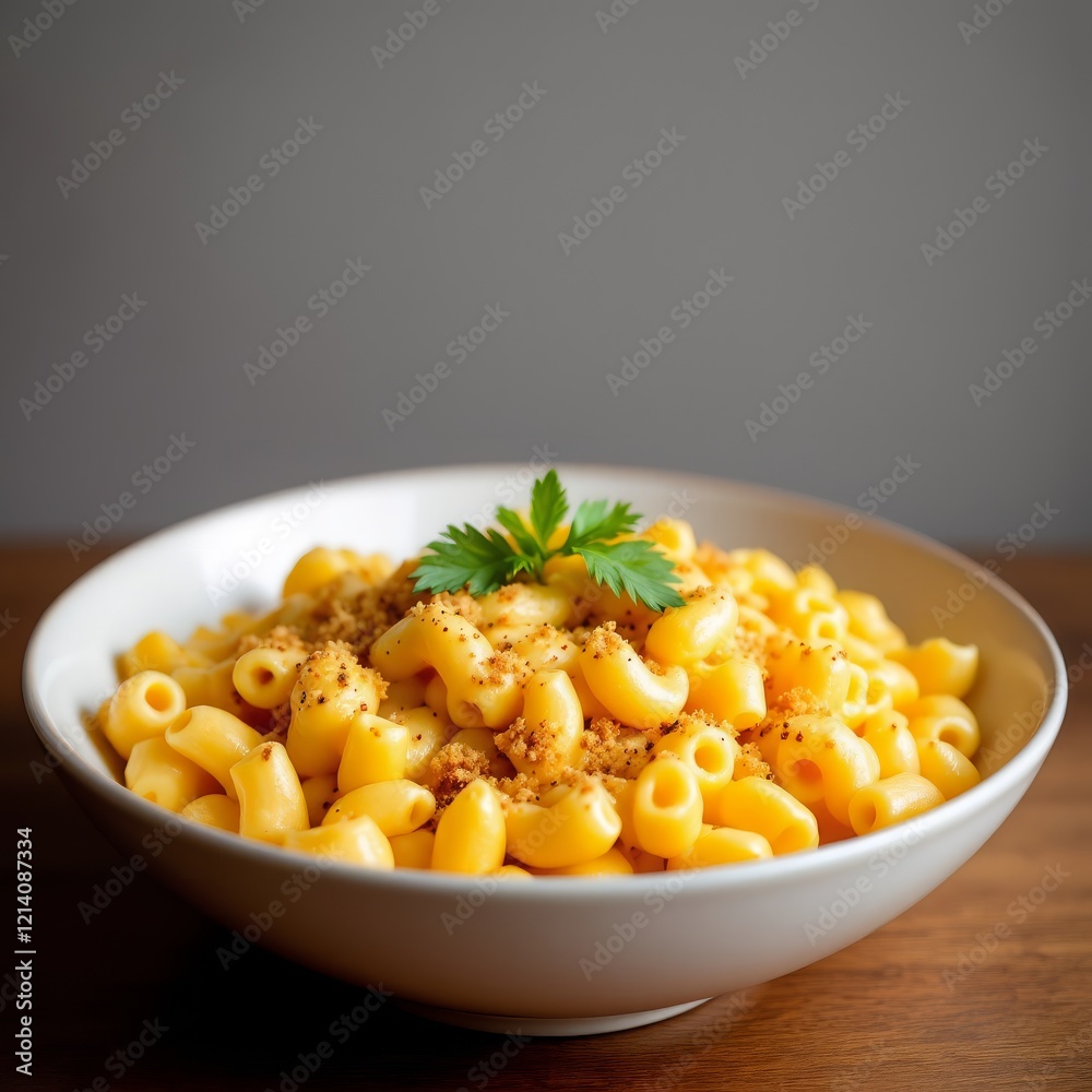 Close-Up of Creamy Macaroni and Cheese Garnished with Parsley in a White Bowl on a Wooden Table
Close-Up of Creamy Macaroni and Cheese Garnished with Parsley in a White Bowl on a Wooden Table