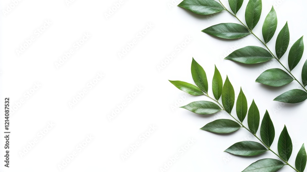 Lush Green Leaves on White Background Botanical Flatlay. Lush Green Leaves on White Background Botanical Flatlay.