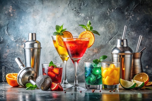 Cocktail Utensils & Ingredients on Grey Background - High-Quality AI Art photo