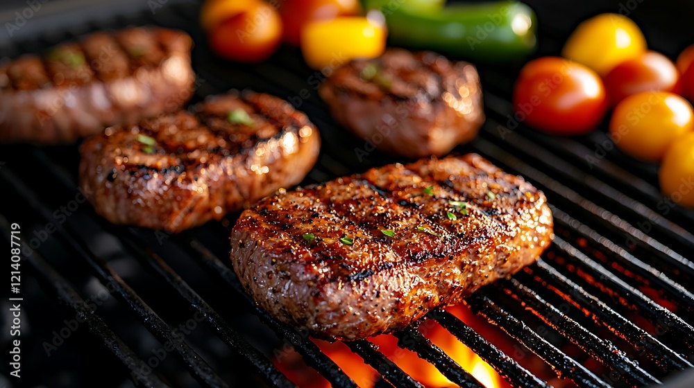 Grilling steaks and vegetables on barbecue Grilling steaks and vegetables on barbecue