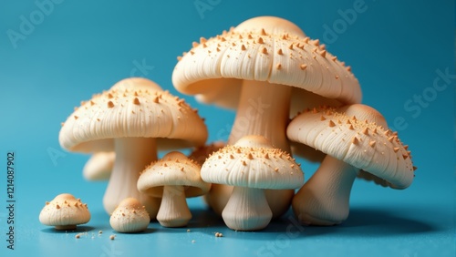 Unique arrangement of wooden mushrooms on a vibrant blue background showcasing creativity photo