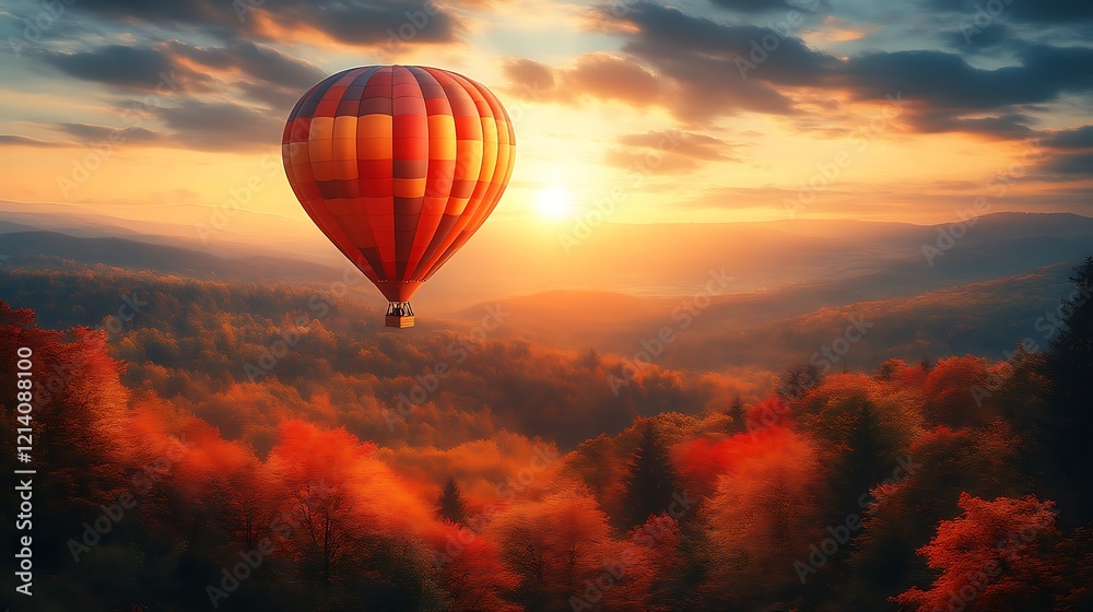 Obraz premium Hot air balloon soaring over autumnal forest at sunrise.