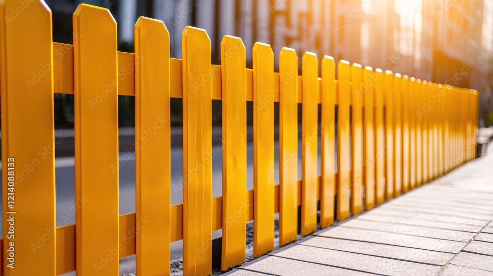 Fototapeta premium Bright yellow fence along a paved path with a warm sunlight effect in the background