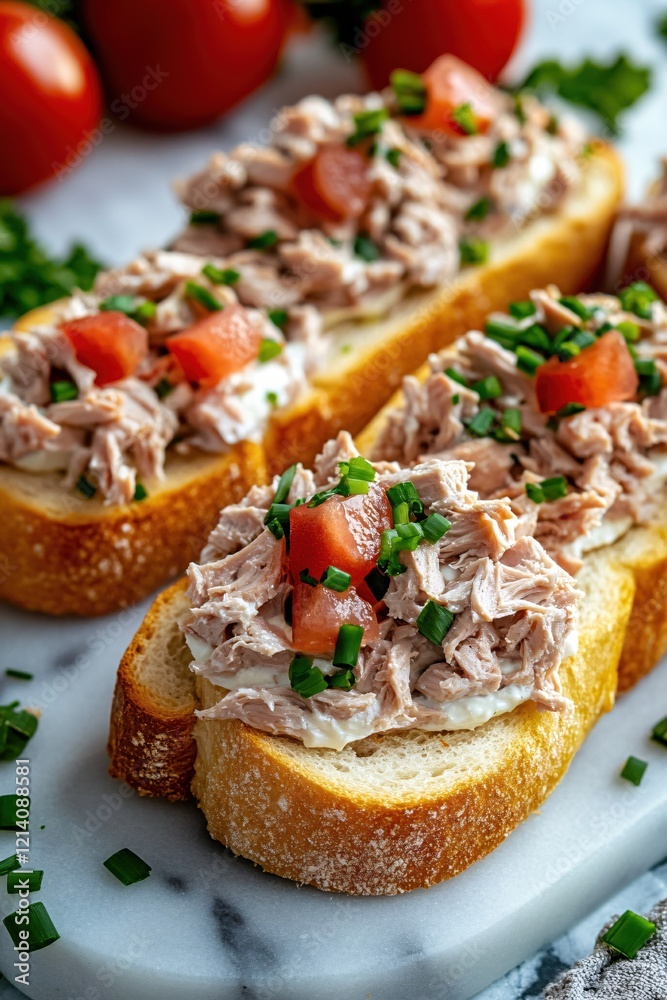 Delicious Tuna Salad Crostini Appetizers with Tomato and Chives Delicious Tuna Salad Crostini Appetizers with Tomato and Chives