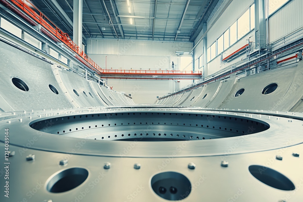 Large metal structure with holes inside a factory with orange railing and metal ceiling Large metal structure with holes inside a factory with orange railing and metal ceiling