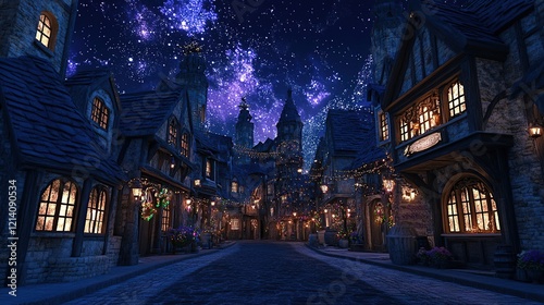 Night scene of a charming, medieval-style village street with illuminated buildings under a starry sky.