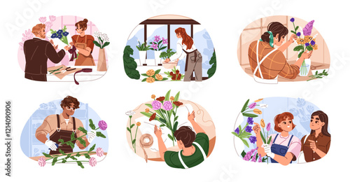 Floristry set. Professional florists assembling bouquets, make floral arrangements, cut flowers. Sellers sell posies, care about houseplants in store. Flat isolated vector illustrations on white