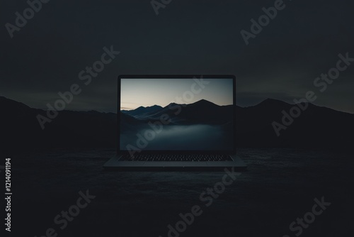 Laptop displaying mountain sunrise, dark outdoor setting, website mockup
