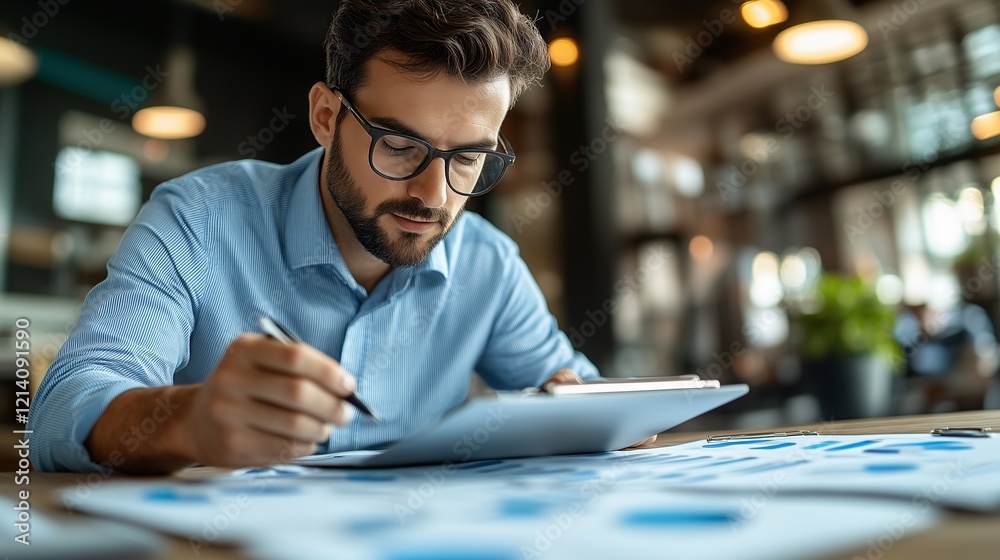 Businessman Analyzing Documents in Modern Office Businessman Analyzing Documents in Modern Office