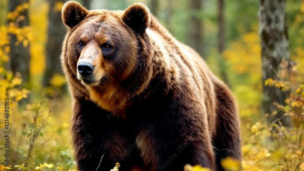 Powerful Brown Bear in an Autumn Forest Surrounded by Fall Leaves Powerful Brown Bear in an Autumn Forest Surrounded by Fall Leaves