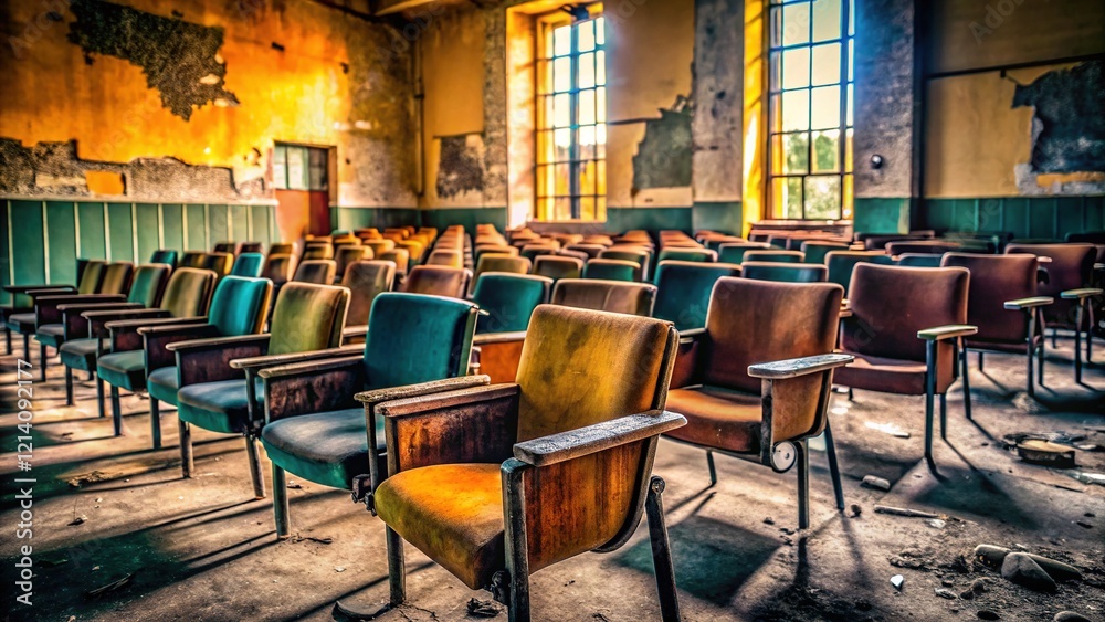 Naklejka premium Empty chairs, a dirty hall, a desolate school's concept image.