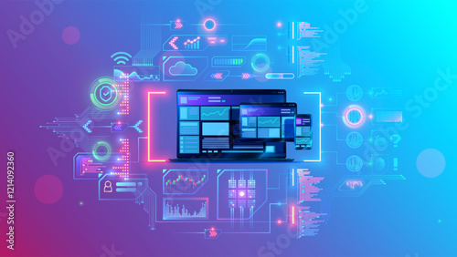 Web development and coding. Cross platform development website. Adaptive layout internet page or web interface on screen laptop, tablet and phone. Web design concept illustration. Software development