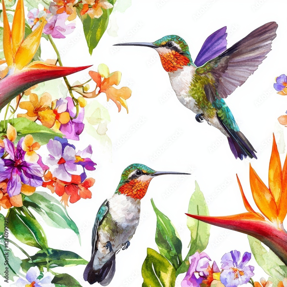 Obraz premium A continuous pattern in watercolor of palm fronds, hummingbirds, and Strelitzia blooms, showcasing contemporary exotic jungle flora.