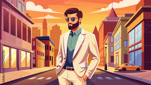 Handsome confident stylish hipster lambersexual model.Sexy modern man dressed in elegant beige suit. Fashion male posing in the street in city at sunset. In sunglasses. Near