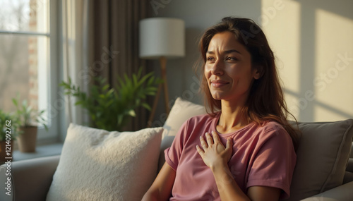 Mid Shot Portrait of a Sick Hispanic Woman at Home hand to hold his chest while calming down from asthma