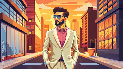 Handsome confident stylish hipster lambersexual model.Sexy modern man dressed in elegant beige suit. Fashion male posing in the street in city at sunset. In sunglasses. Near