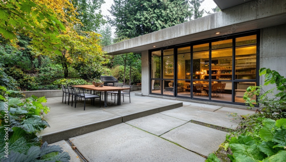 Fototapeta premium Modern concrete patio with glass doors leading to the dining area, featuring an outdoor coffee table and surrounded