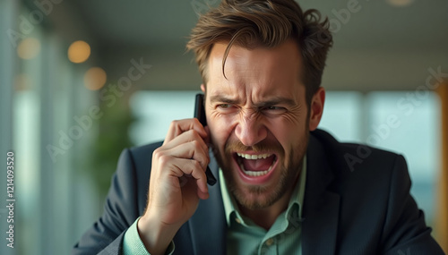  A mid shot of a man with a visibly angry and frustrated expression, his brows furrowed and mouth wide open as he shouts into his phone