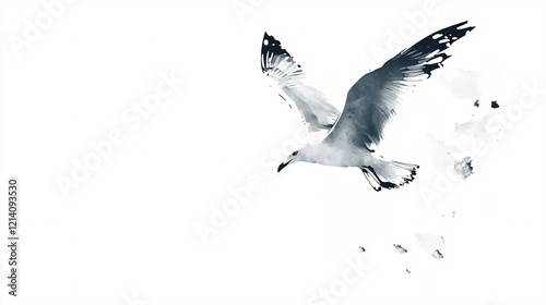 A graceful seagull in mid-flight, outlined against a soft, airy background. photo