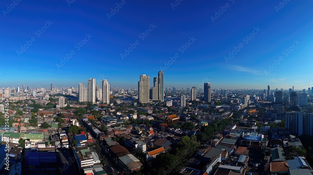 Naklejka premium Panoramic Cityscape View of Urban Skyline Under Bright Blue Sky