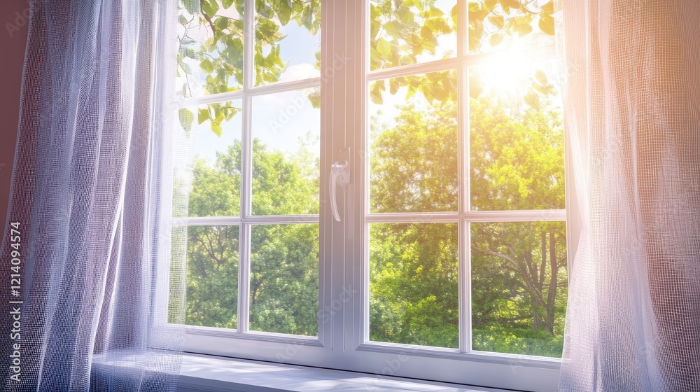 Sunlit Window with Sheer Curtains and Lush Green Trees. Sunlit Window with Sheer Curtains and Lush Green Trees.