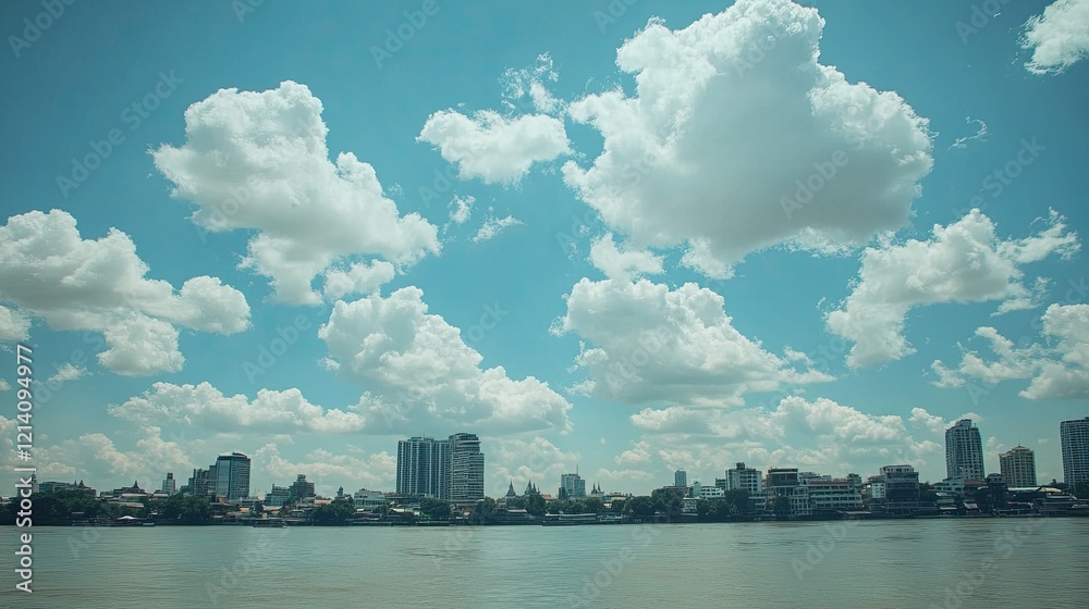 Fototapeta premium Serene Cityscape with Vibrant Clouds over Calm River Landscape