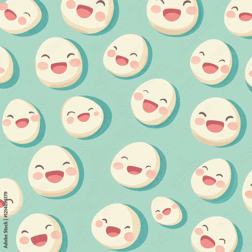 Fototapeta premium A vibrant, childlike seamless pattern featuring a smiley emoji, with adorable, colorful cartoon characters in the background.