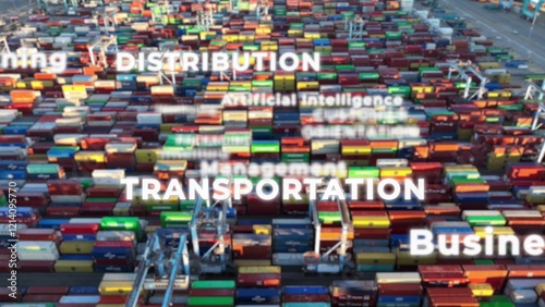 Shipping port with colorful containers. Graphic of relevant words overlayed blurred aerial footage. Logistics and distribution concept photo