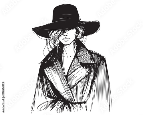 Sketch fashion model in coat and hat. Woman fashion portrait. Black